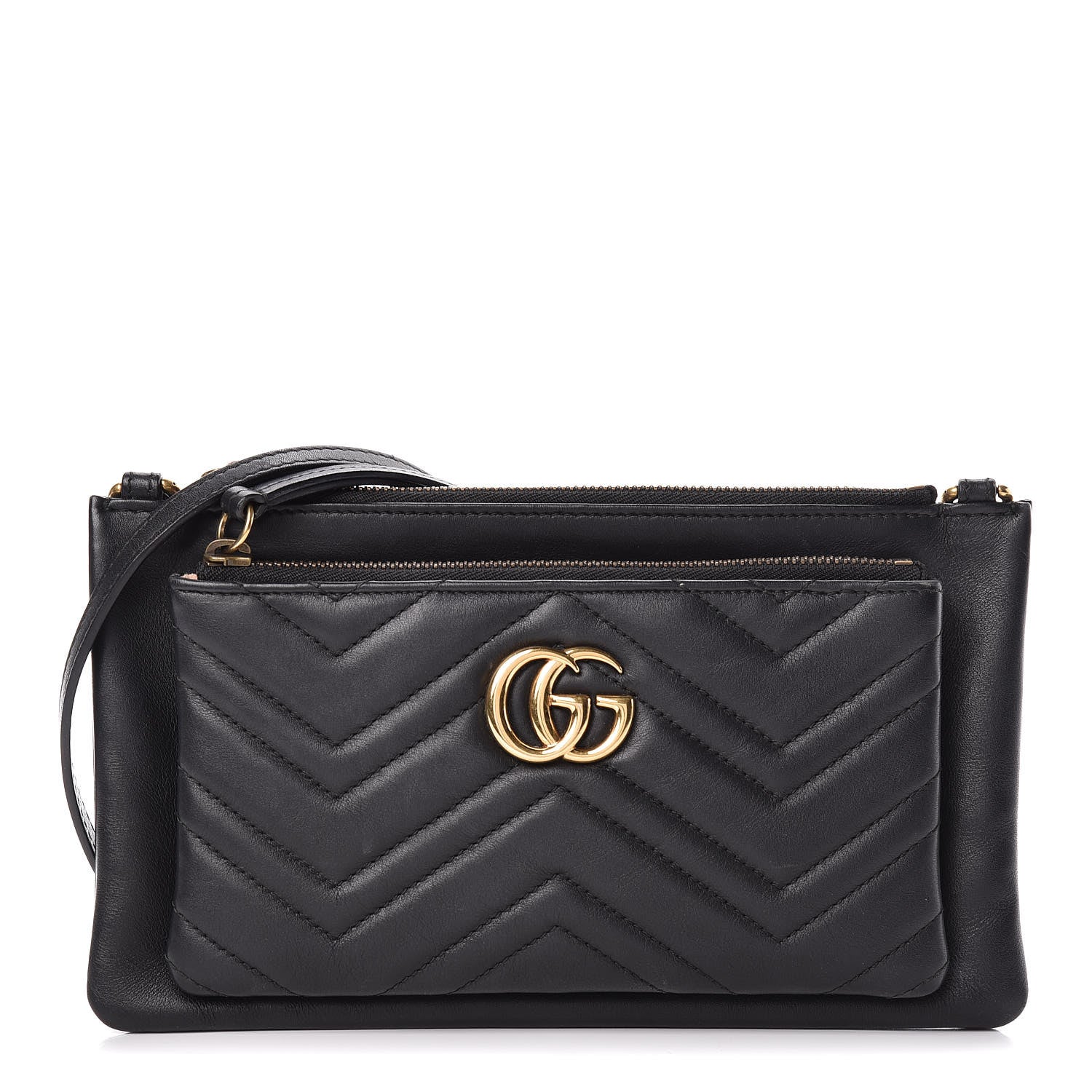Gucci Calfskin Matelasse Small GG Marmont Double Zip Shoulder Bag Black 1 of 11