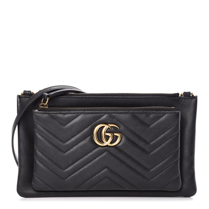 Gucci Calfskin Matelasse Small GG Marmont Double Zip Shoulder Bag Black 1 of 11