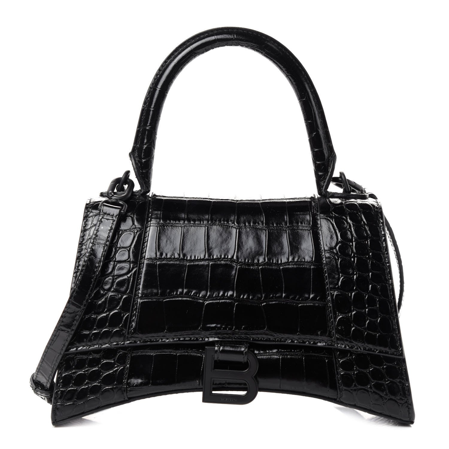 Balenciaga Shiny Calfskin Monochrome Crocodile Embossed Small Hourglass Top Handle Bag Black 1 of 9