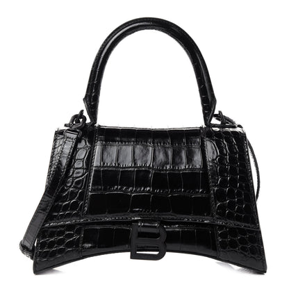 Balenciaga Shiny Calfskin Monochrome Crocodile Embossed Small Hourglass Top Handle Bag Black 1 of 9