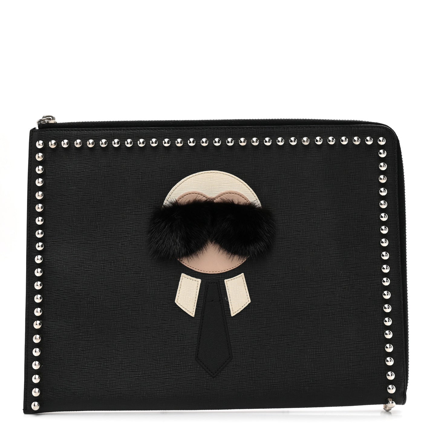Vitello Elite Mink Fur Studded Karlito Zip Around Pouch Black