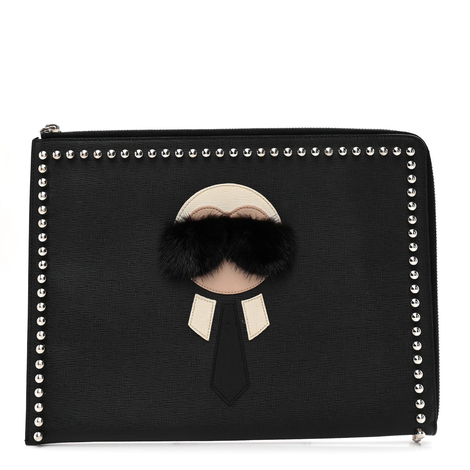 Fendi Vitello Elite Mink Fur Studded Karlito Zip Around Pouch Black 1 of 7