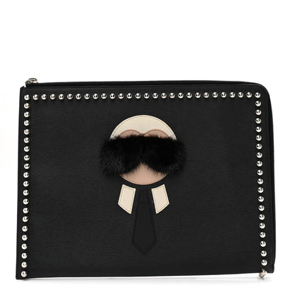 Fendi Vitello Elite Mink Fur Studded Karlito Zip Around Pouch Black 1 of 7