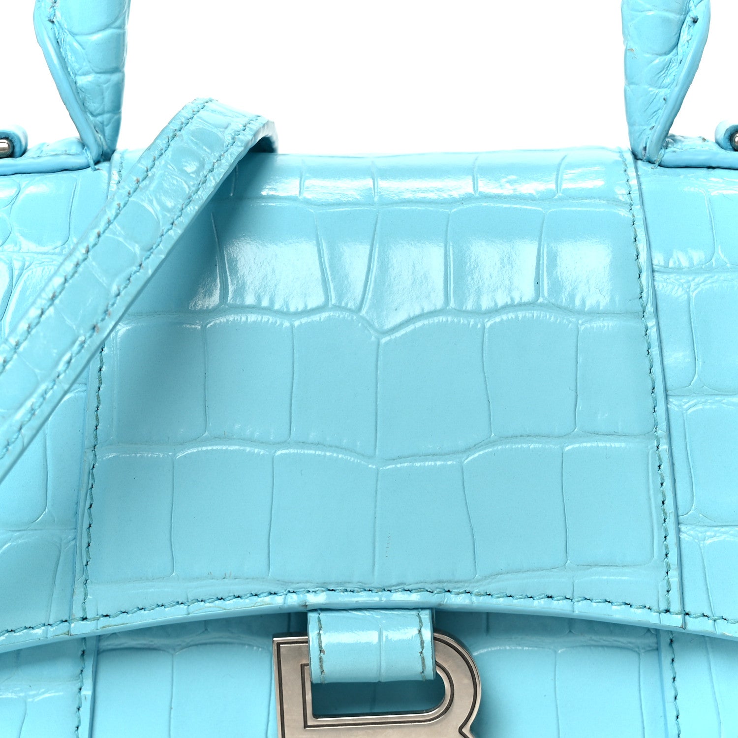 Balenciaga Shiny Calfskin Crocodile Embossed Hourglass Top Handle