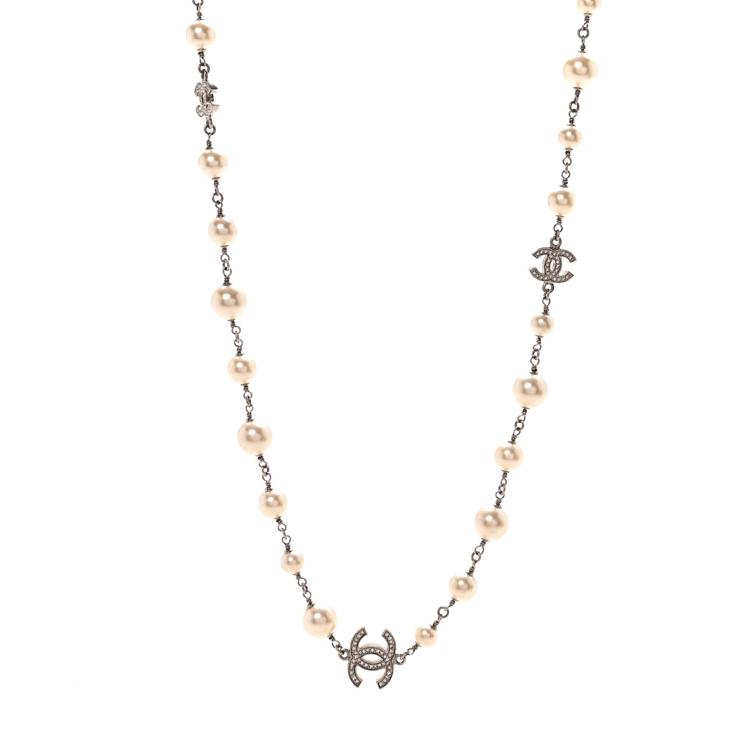 Chanel Graduated Pearl Crystal CC Long Necklace Silver 1 of 6