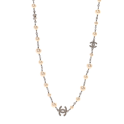 Chanel Graduated Pearl Crystal CC Long Necklace Silver 1 of 6