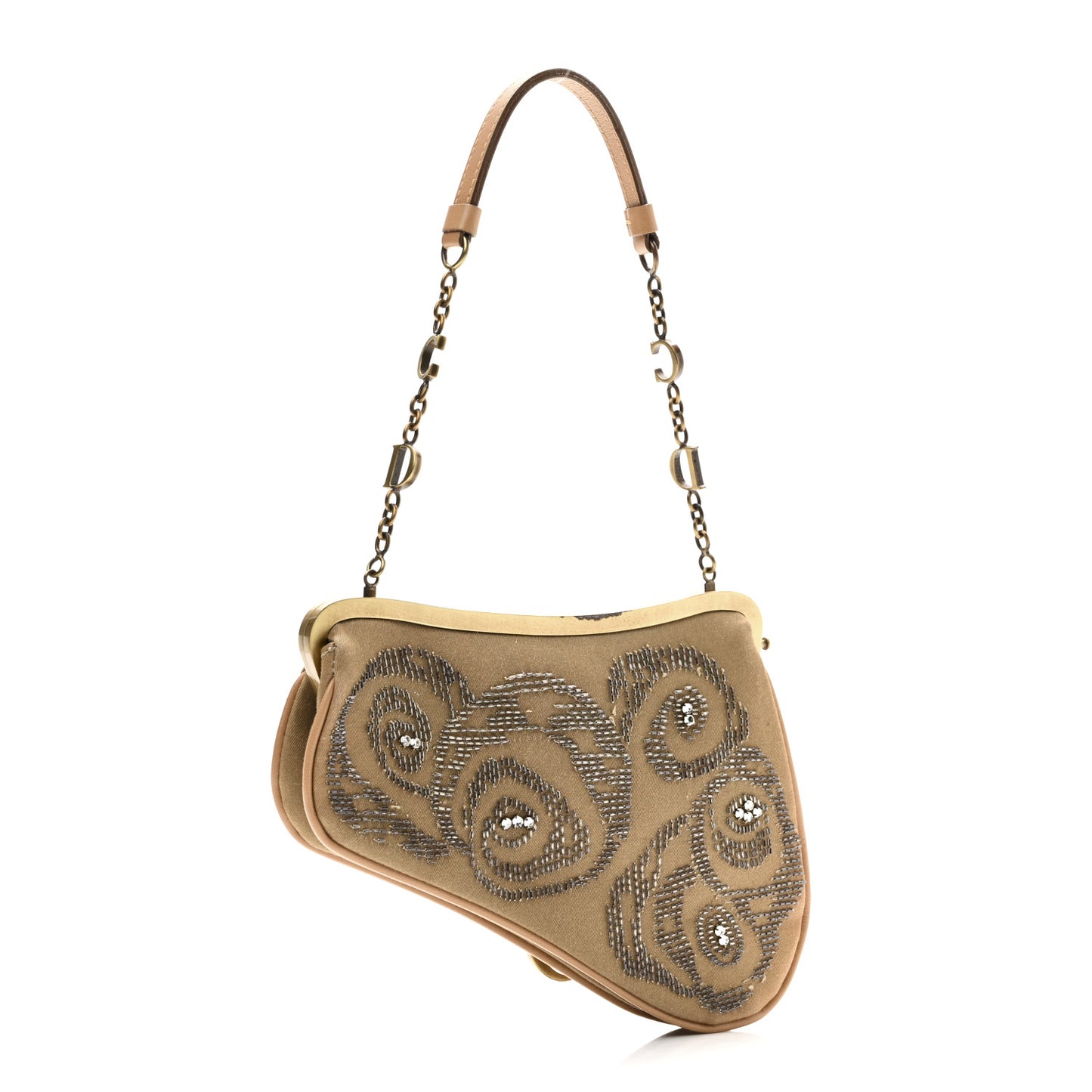 Canvas Calfskin Beaded Embroidered Mini Frame Saddle  Beige