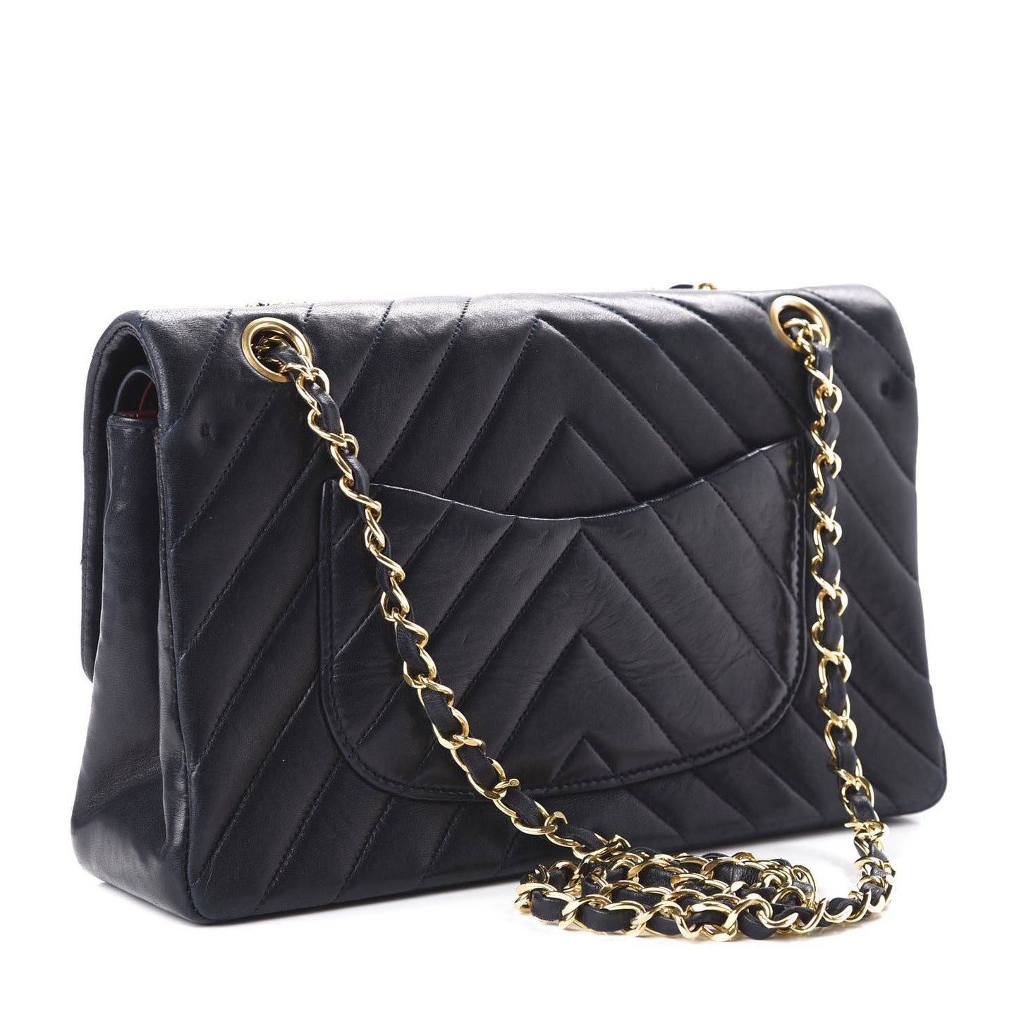 Lambskin Chevron Quilted Medium Double Flap Navy Blue