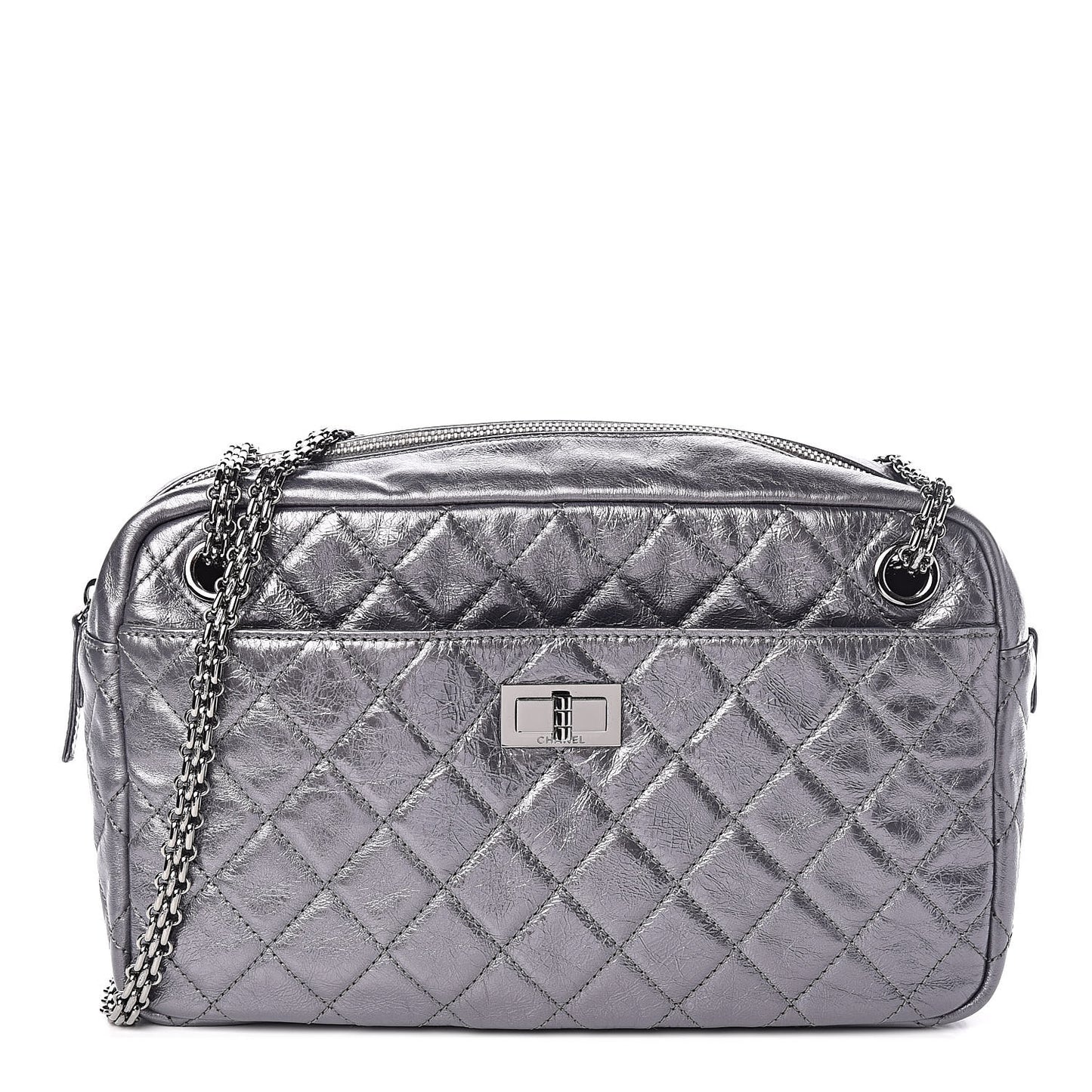 Metallic Aged Calfskin Quilted Medium Reissue Camera Case Dark Silver