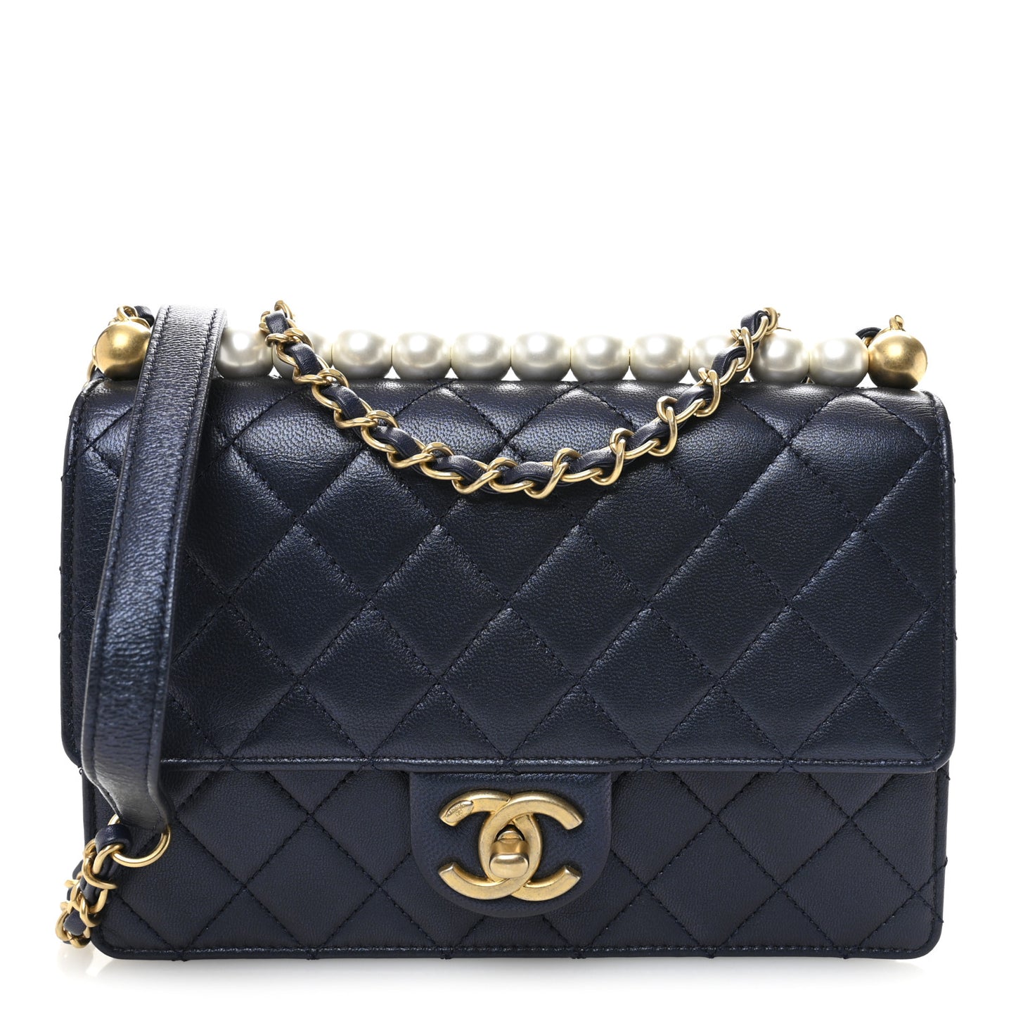 Iridescent Lambskin Quilted Small Chic Pearls Flap Blue