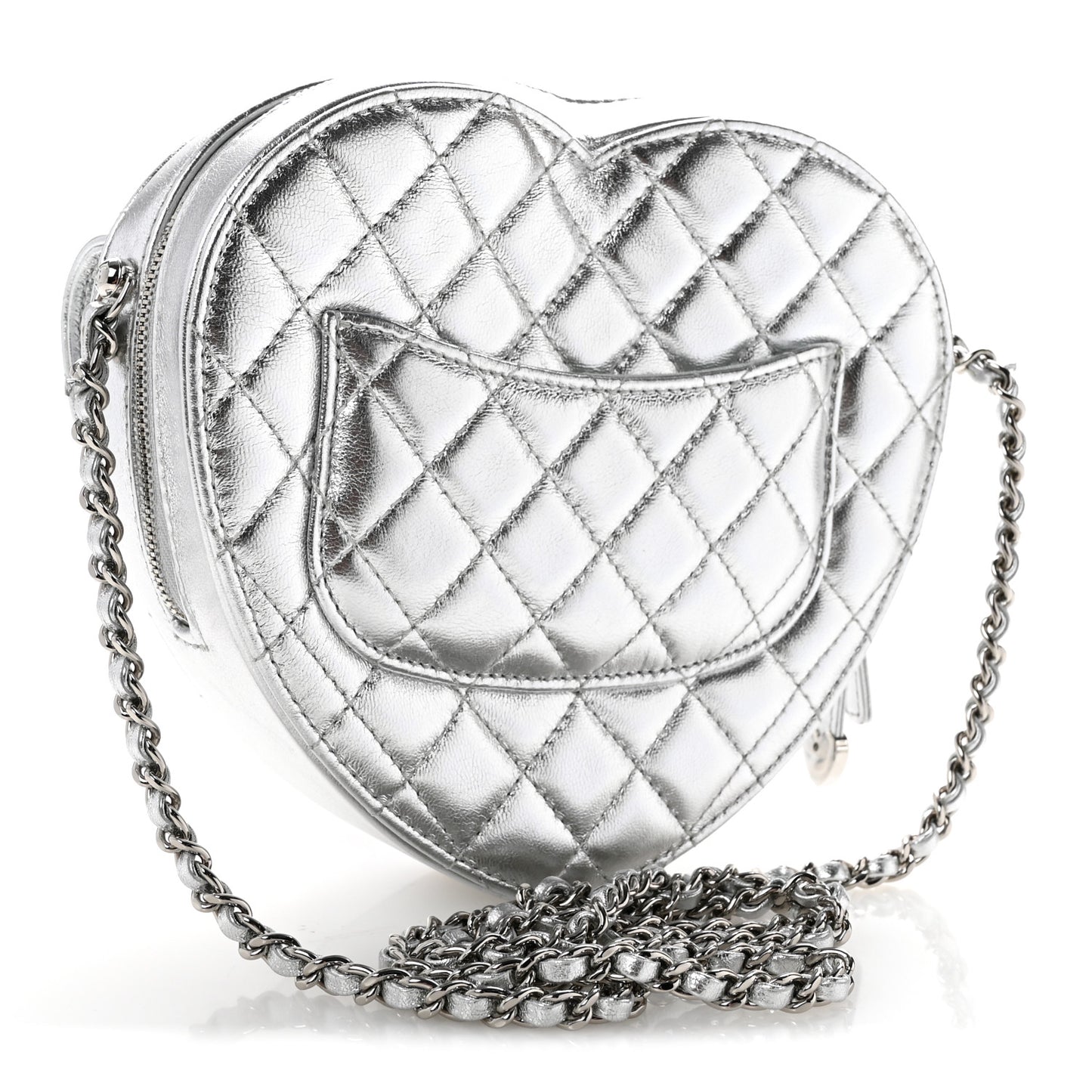 Metallic Lambskin Quilted Large CC In Love Heart Bag Silver
