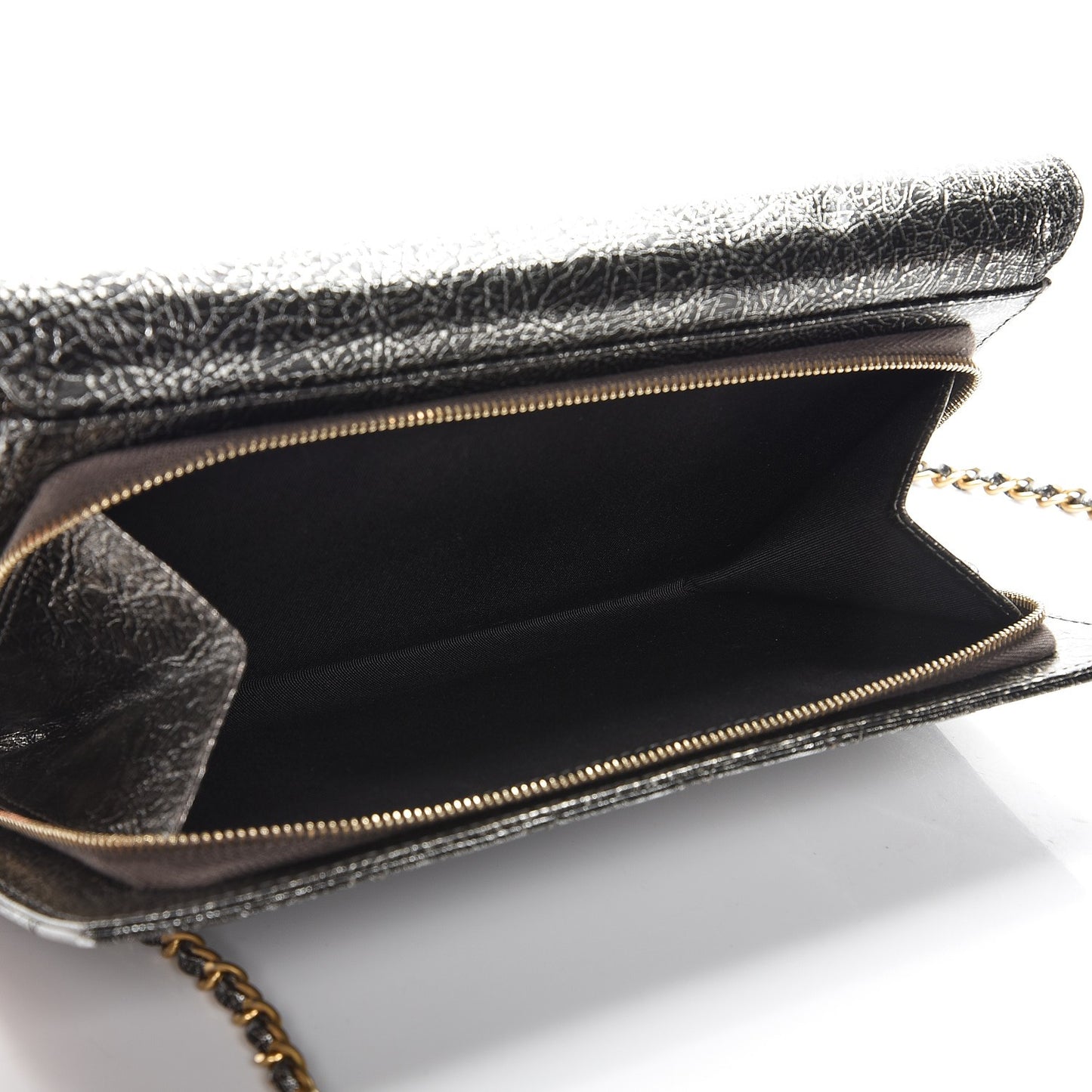 Cracked Metallic Calfskin Quilted Zip Away Chain Clutch Dark Silver