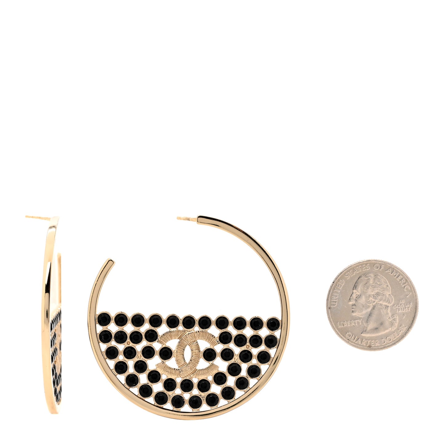 Metal Crystal CC Hoop Earrings Gold Black