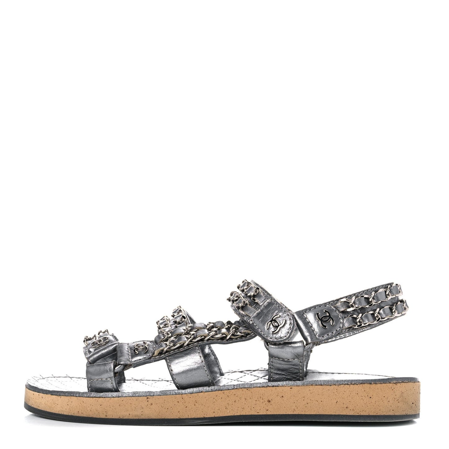 Metallic Lambskin Chain Flat Sandals 35 Silver