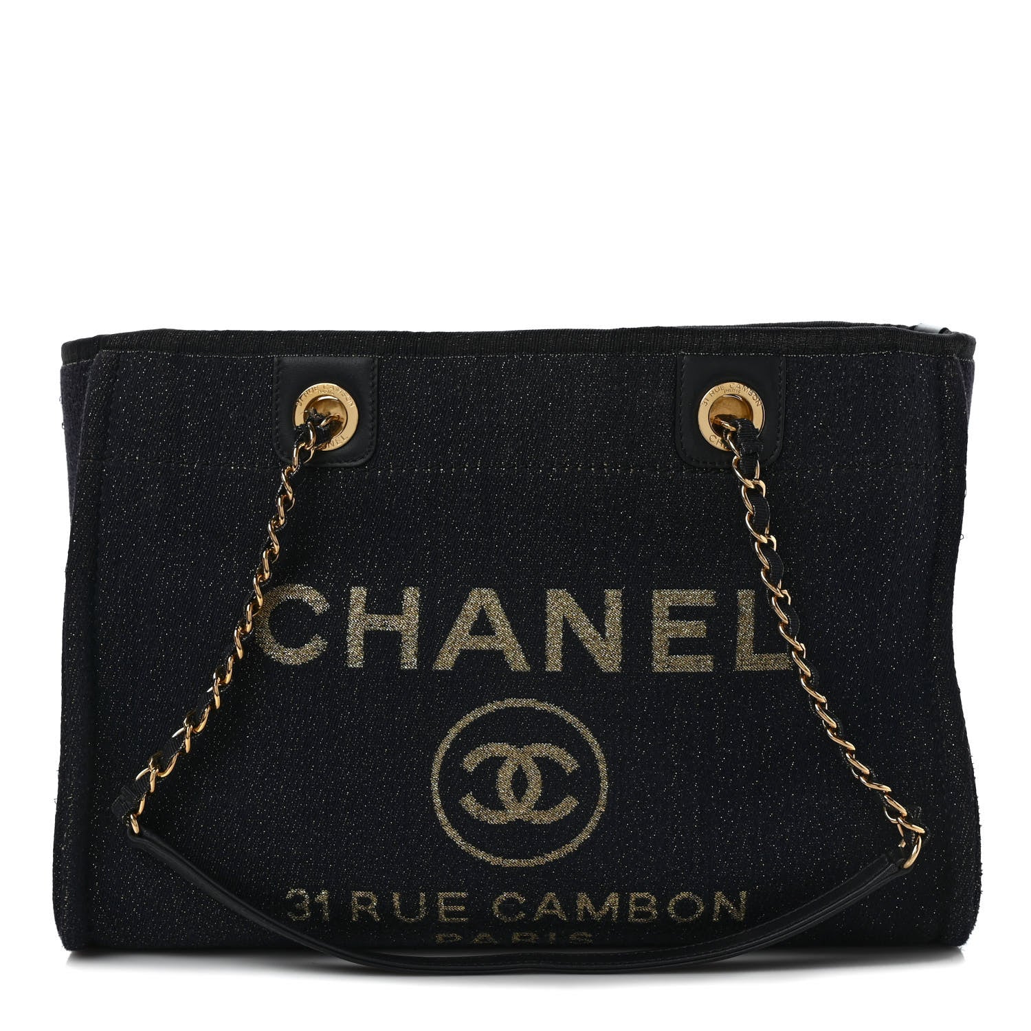 Chanel Lurex Canvas Small Deauville Tote Navy Blue Gold 1 of 7