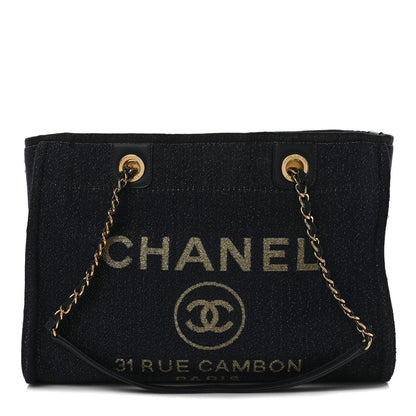 Chanel Lurex Canvas Small Deauville Tote Navy Blue Gold 1 of 7