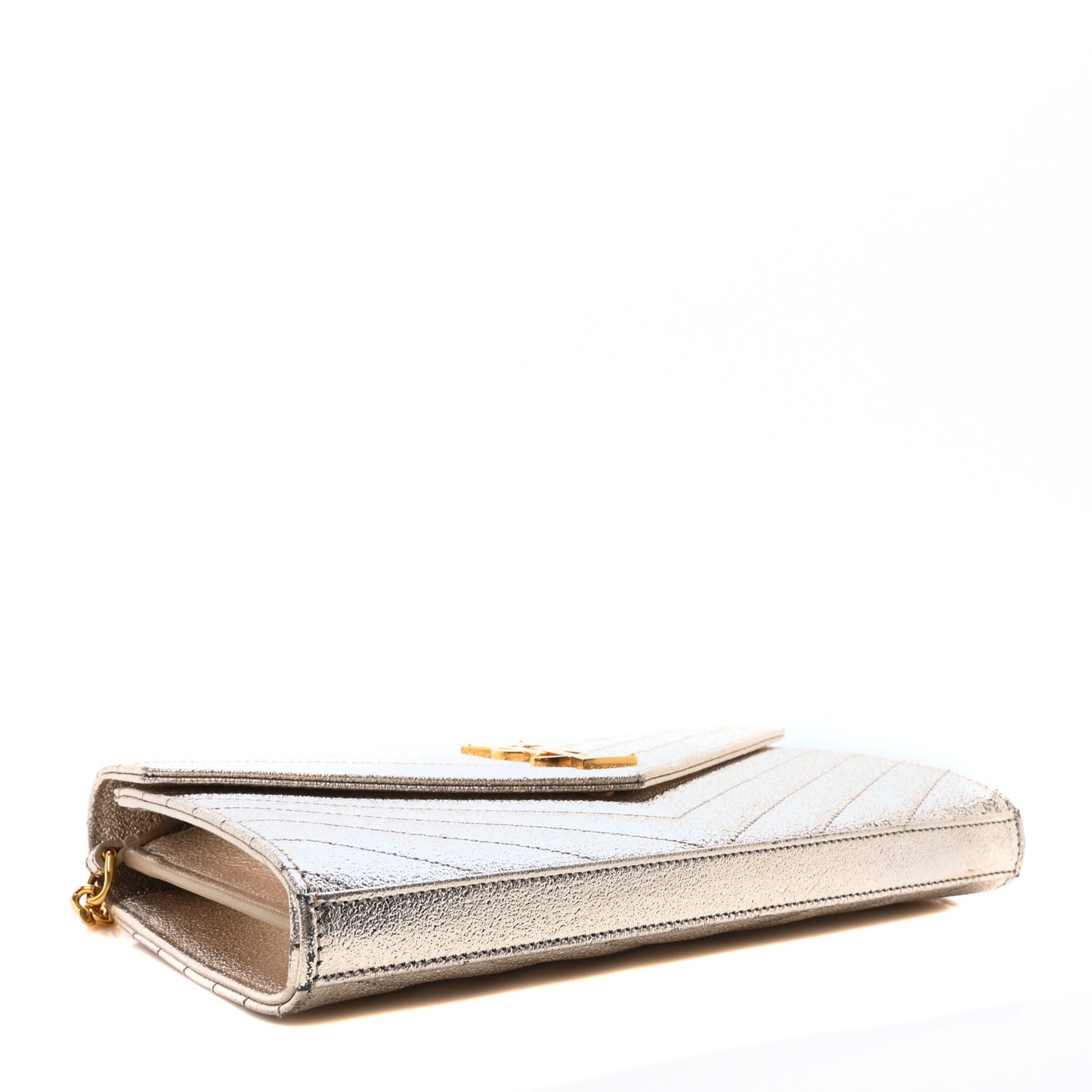 Metallic Crackled Calfskin Matelasse Chevron Monogram Chain Wallet Gold