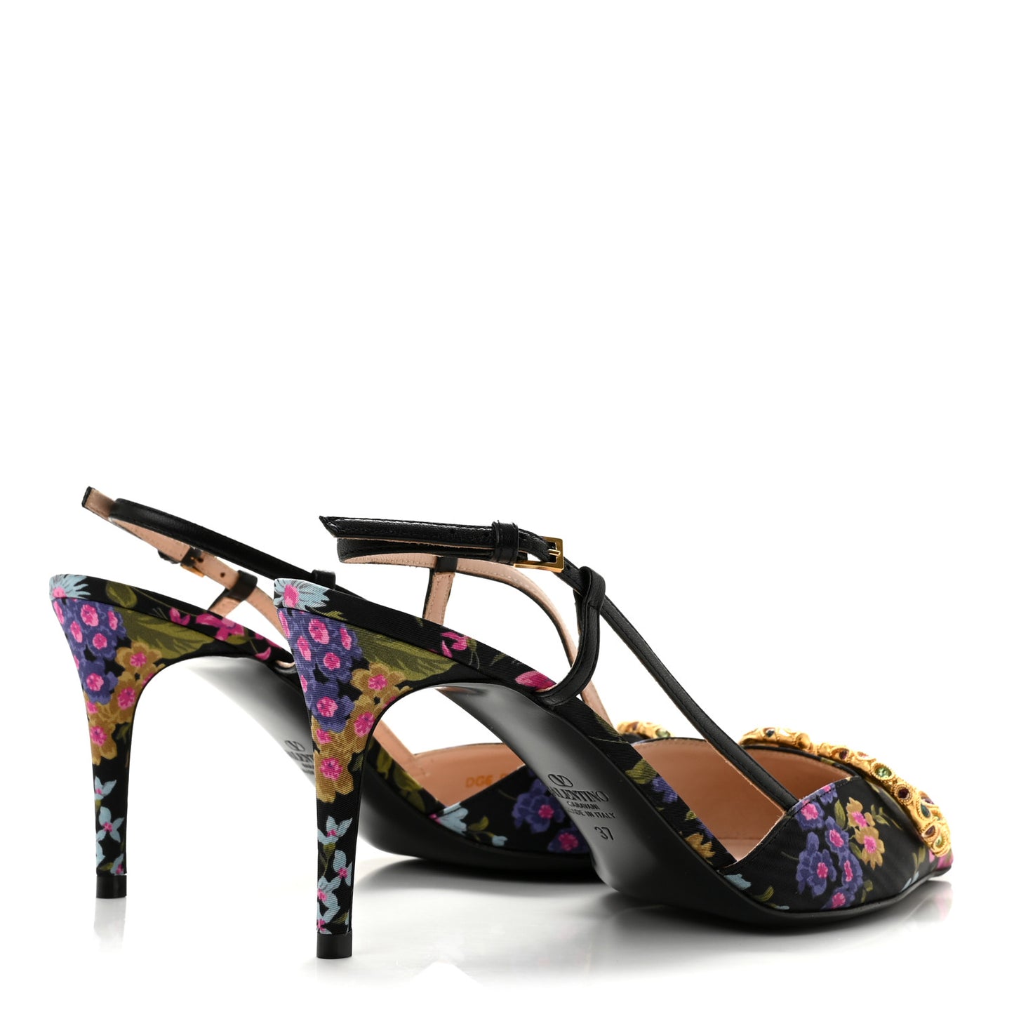 Satin Moire Floral Vlogo Loco Slingback 80mm Pumps 37 Black Multicolor