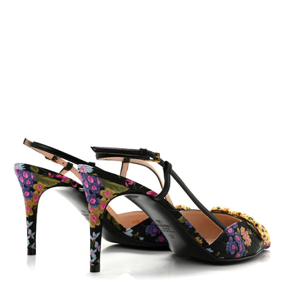 Valentino Garavani Satin Moire Floral Vlogo Loco Slingback 80mm Pumps 37 Black Multicolor 5 of 9