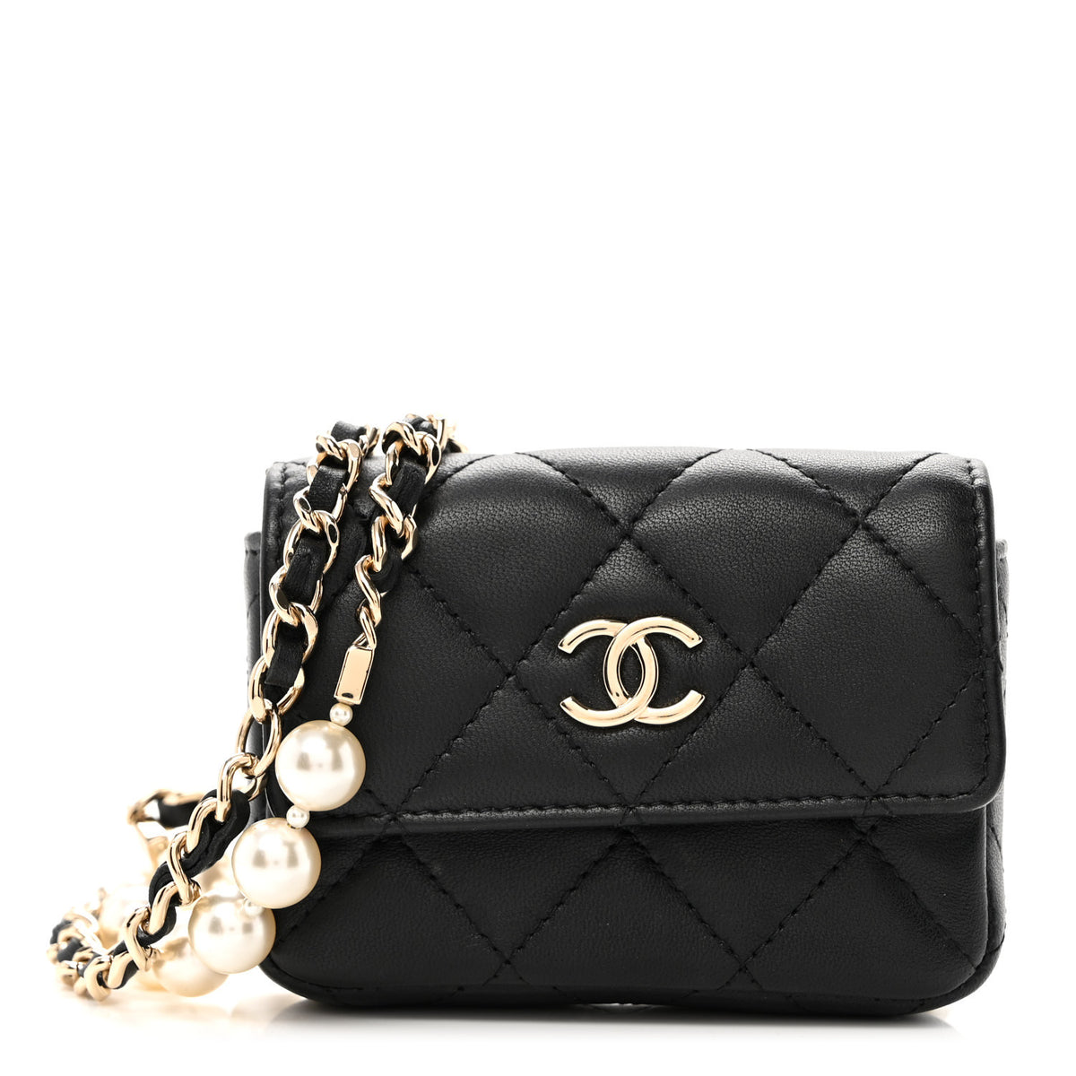 Lambskin Quilted Pearl Chain Belt Bag Black