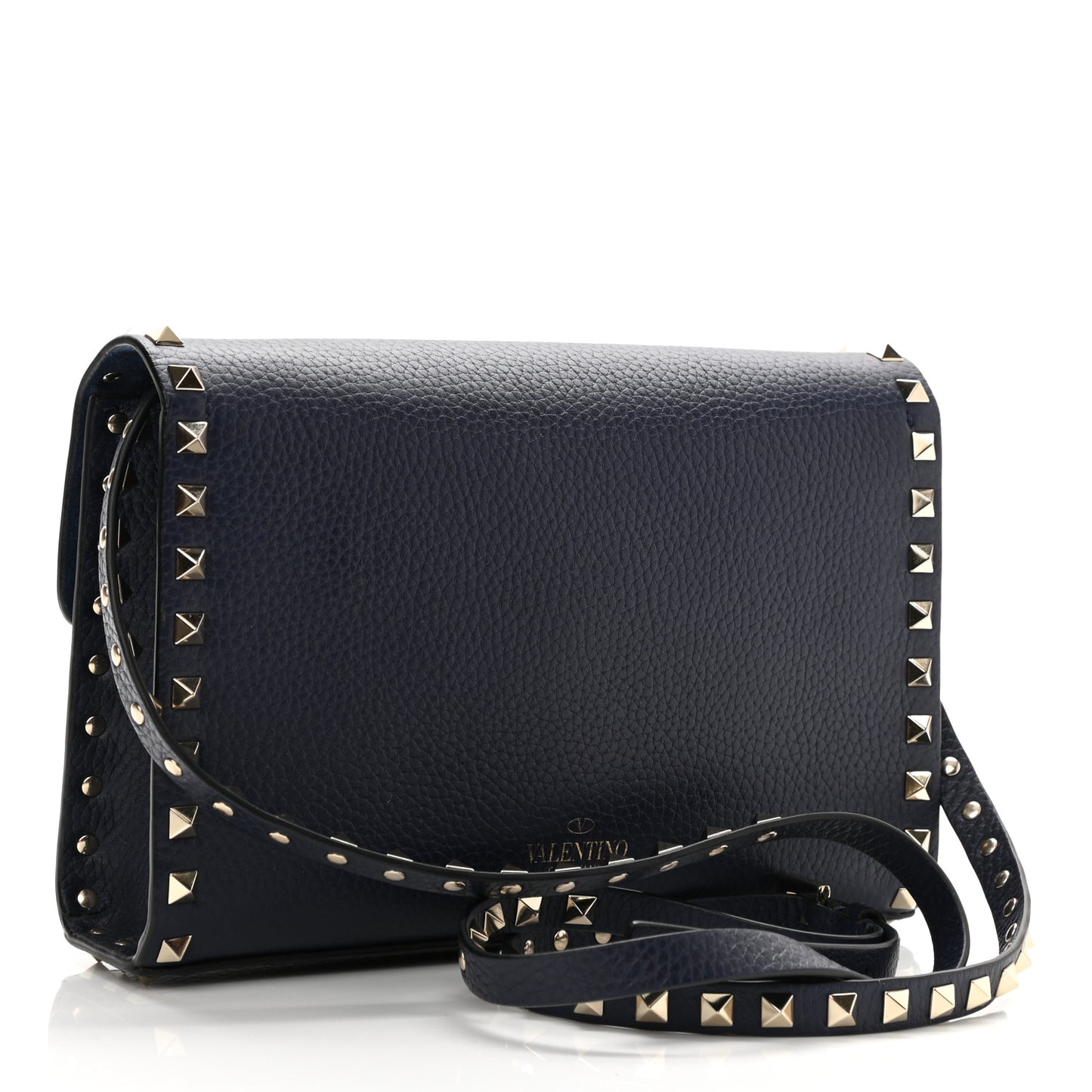 Pebbled Calfskin Medium Rockstud Flip Lock Crossbody Bag Navy