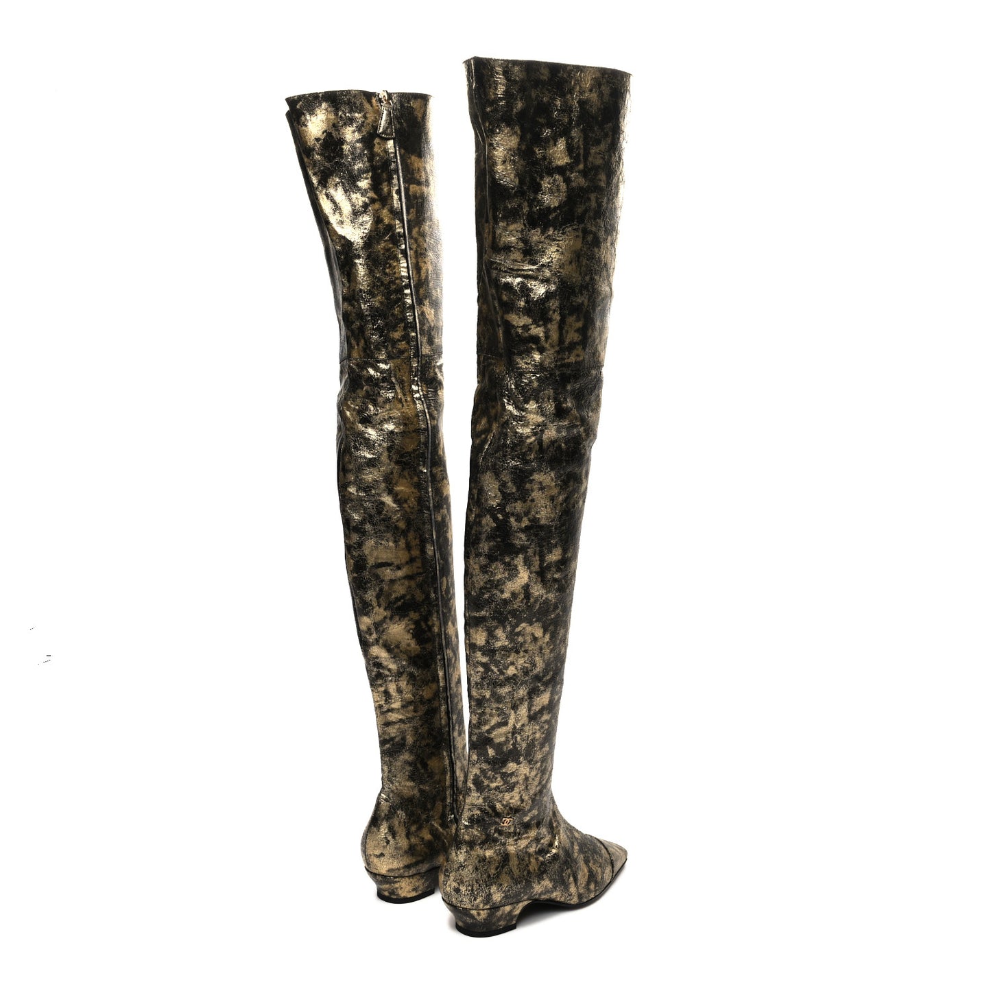 Metallic Lambskin Over the Knee Boots 37.5 Gold Black