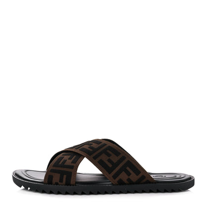 Fendi Fabric Rubber Macro FF Embroidered Mens Crisscross Slide Sandals 9 Maya Black 1 of 9