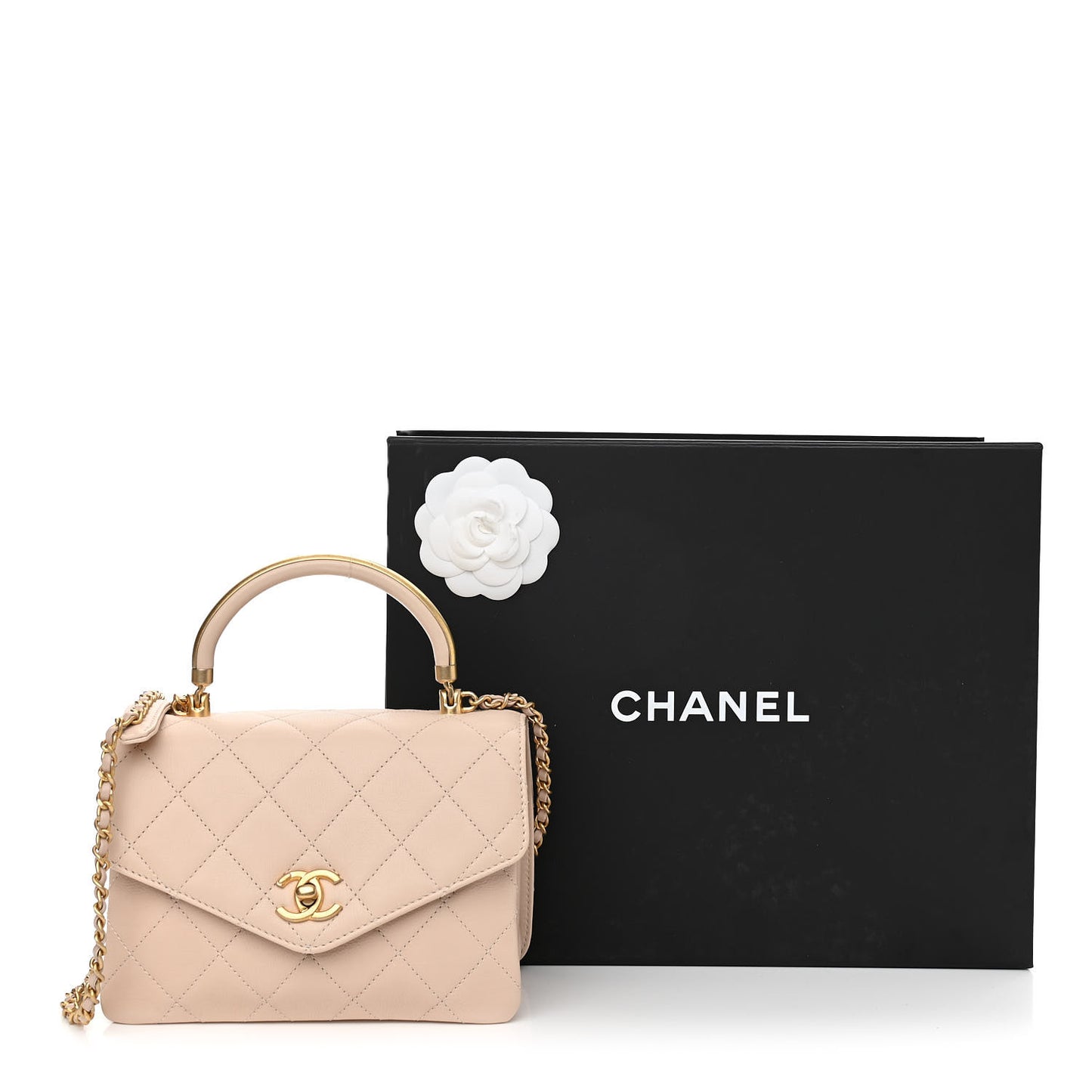 Calfskin Quilted Small Gold Top Handle Flap Beige