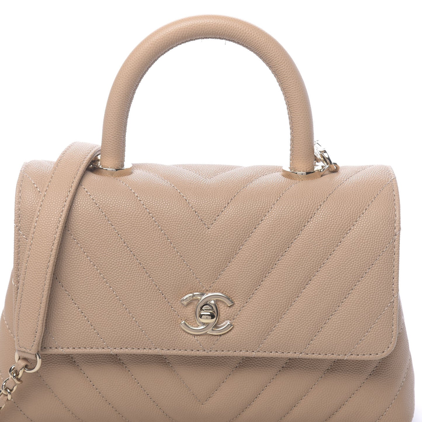 Caviar Chevron Quilted Mini Coco Handle Flap Beige