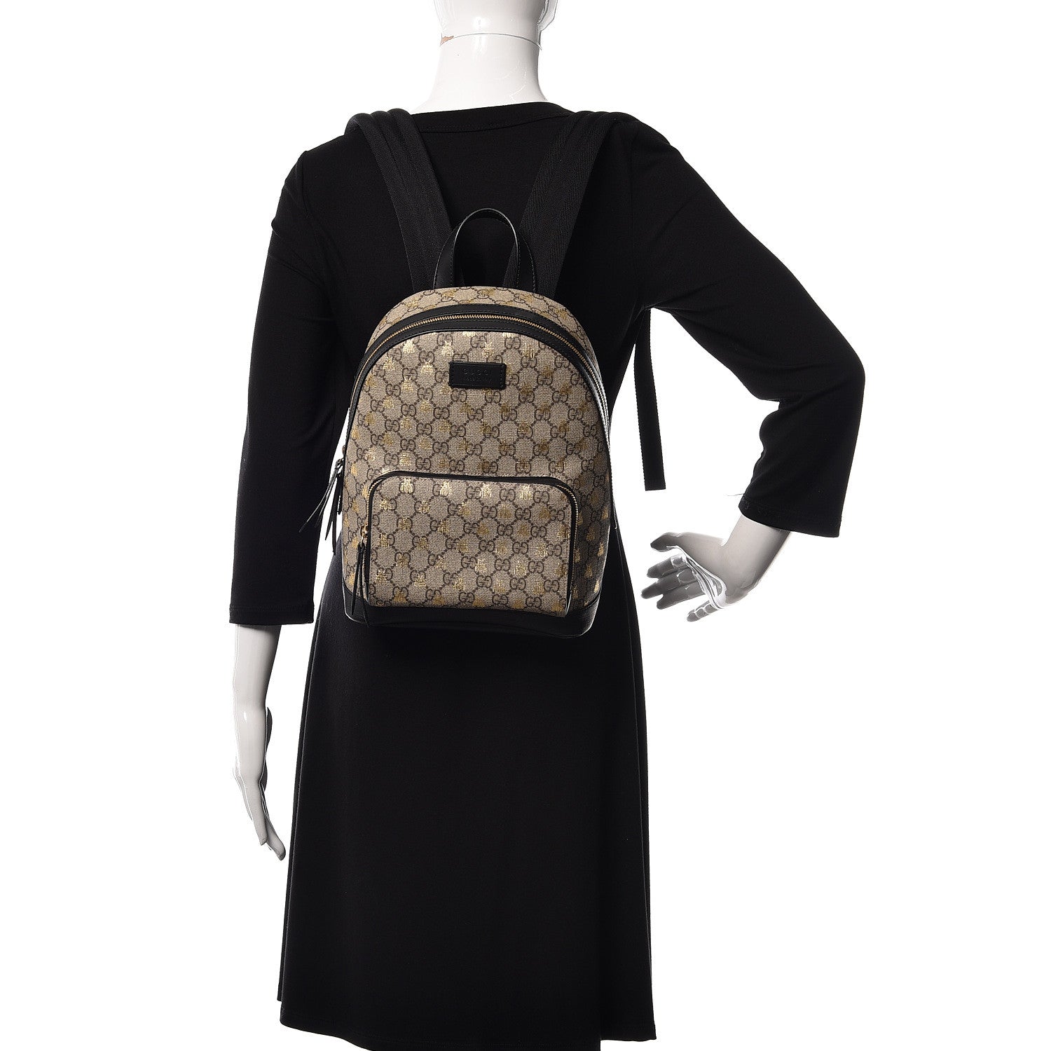 Gucci GG Supreme Monogram Bees Print Small Day Backpack Beige Oro Black 2 of 8