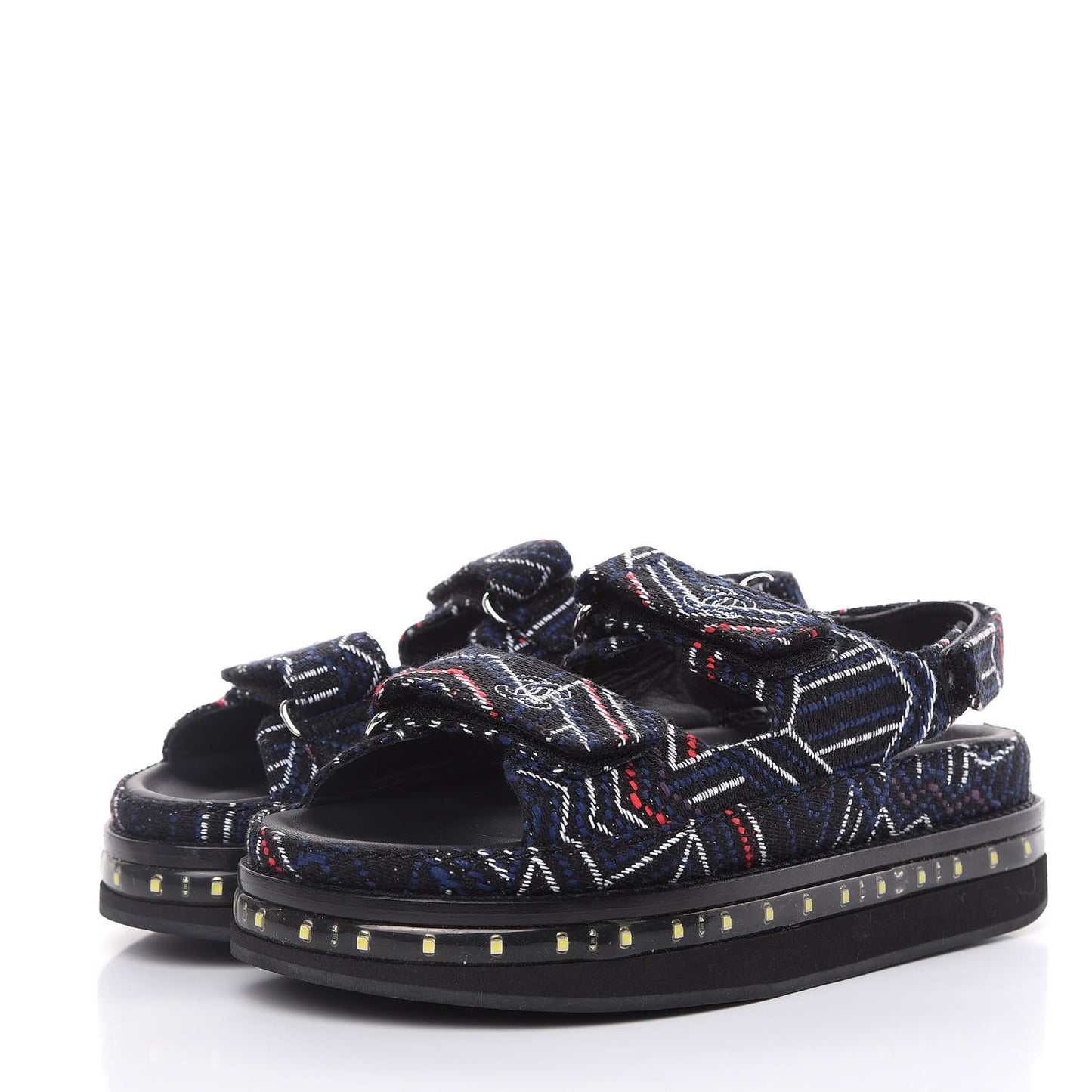 Tweed Lambskin Light Up LED Flat Sandals 36 Black Navy Red