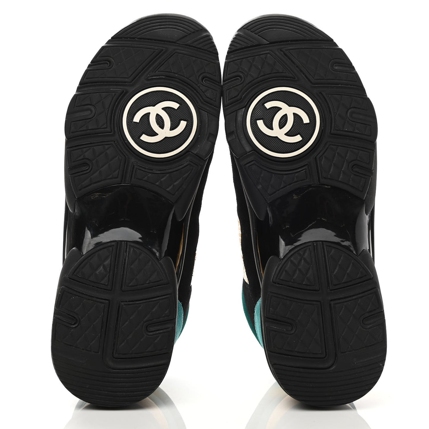 Fabric Calfskin Suede CC Womens Sneakers 40.5 Black Turquoise Gold