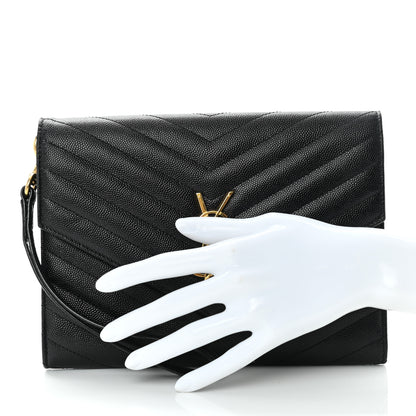 Saint Laurent Grain De Poudre Matelasse Chevron Monogram Envelope Clutch Black 3 of 10