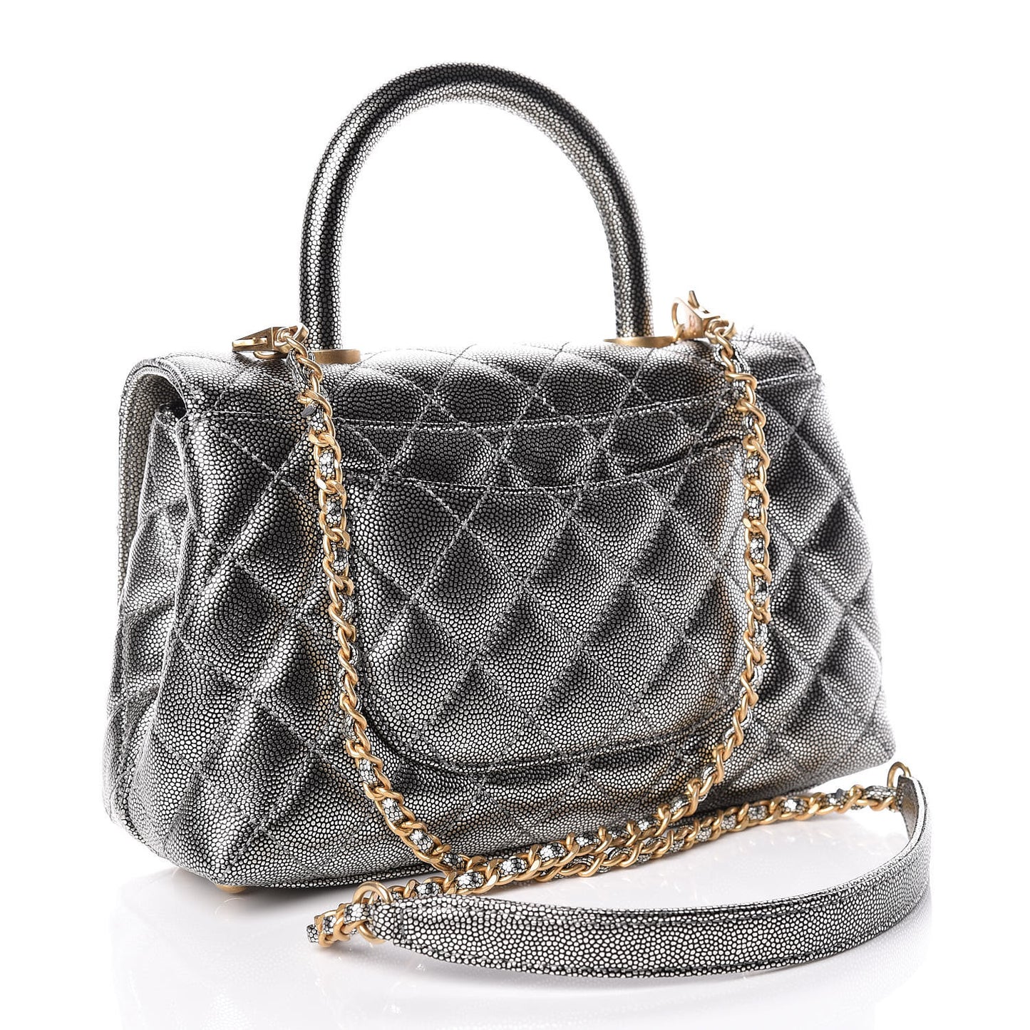 Metallic Caviar Quilted Mini Coco Handle Flap Silver