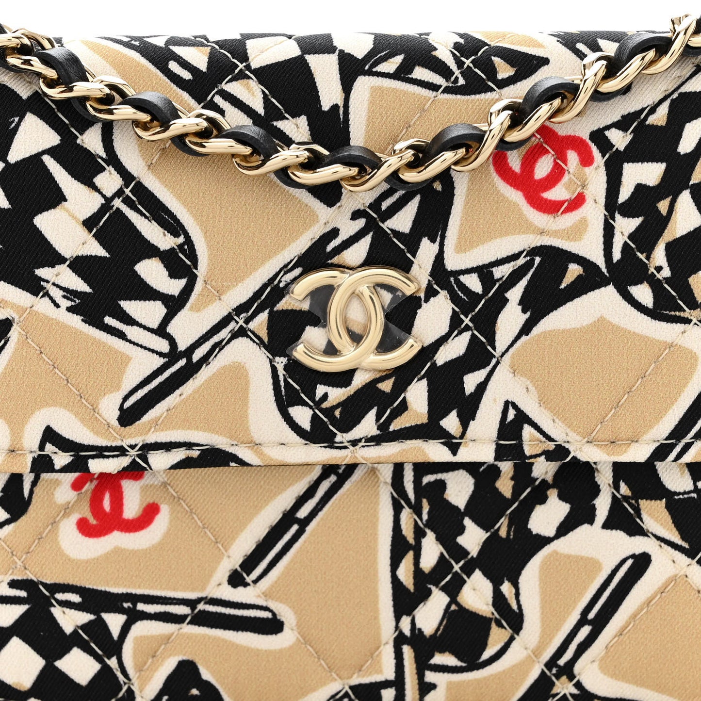 Canvas Check Flag Printed CC Clutch With Chain Beige Multicolor