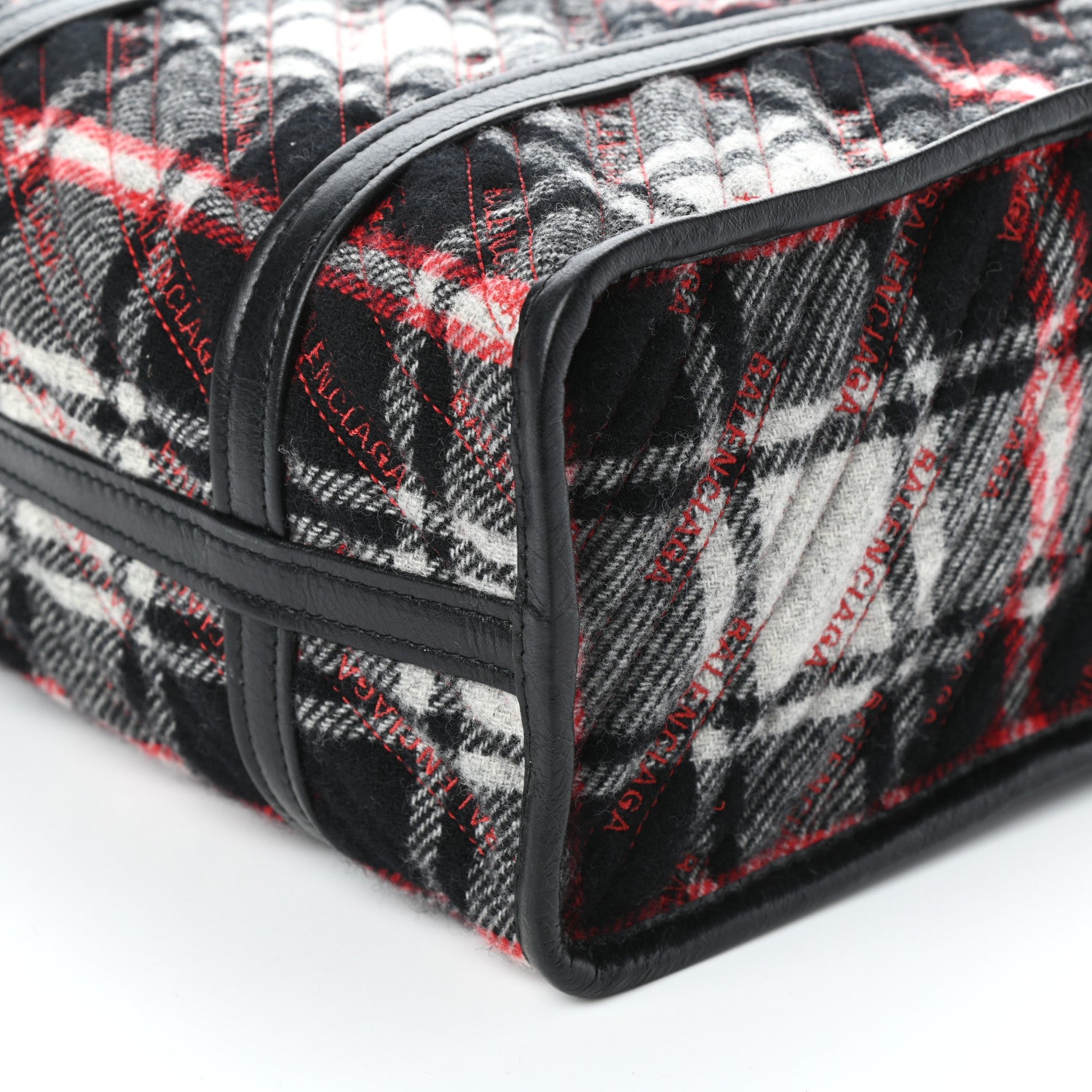 Balenciaga Wool Cuir Arena Plaid Diagonal Allover Logo Matelasse S Bazar Shopper Tote Black White Red 9 of 9