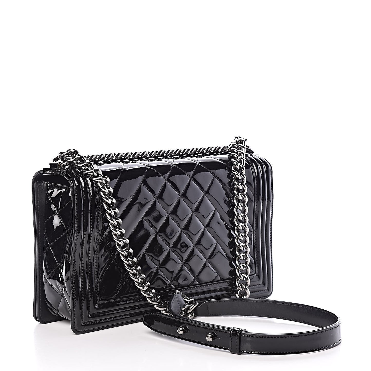 Patent Chevron Quilted New Medium Boy Flap Black