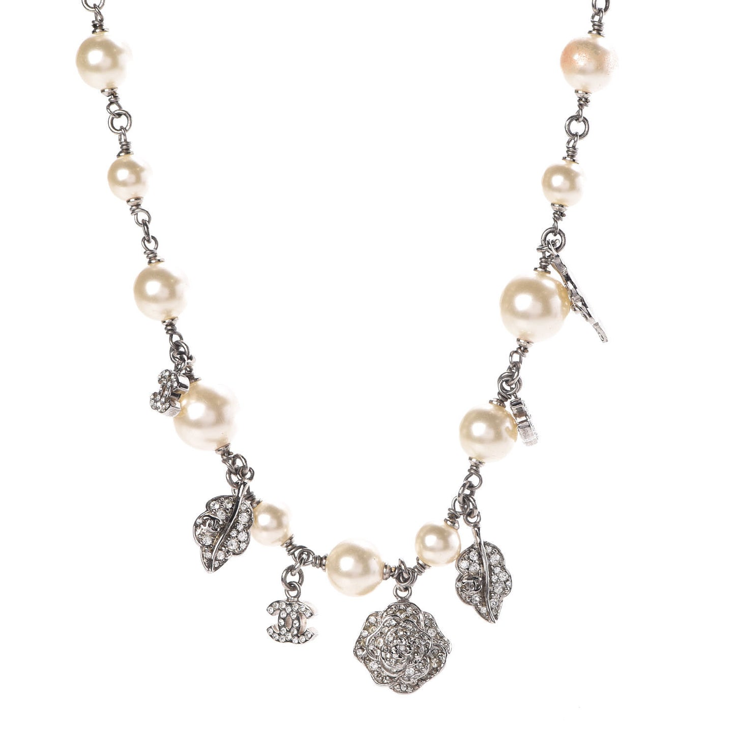 Crystal Pearl CC Camellia Charm Necklace Silver