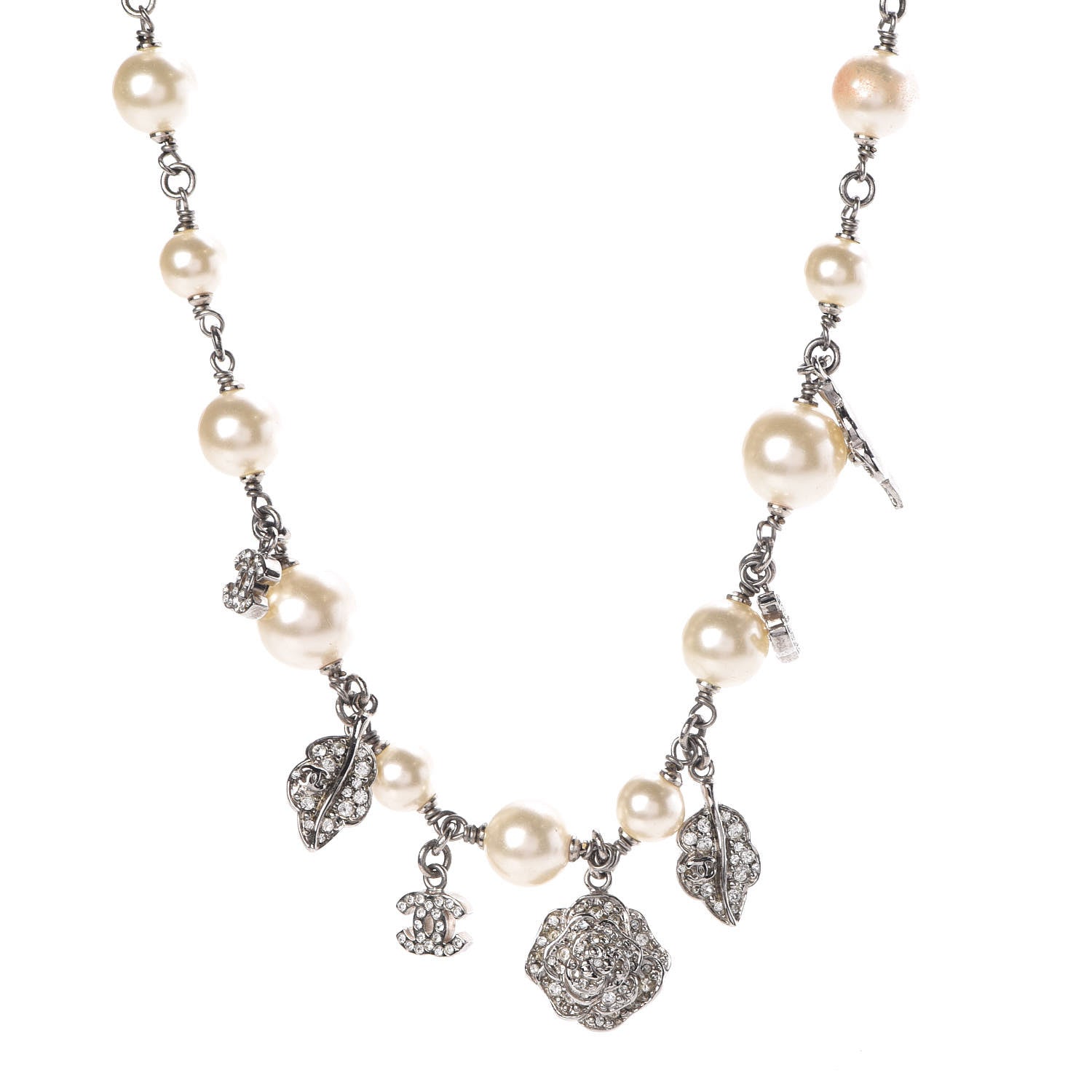 Chanel Crystal Pearl CC Camellia Charm Necklace Silver 1 of 4