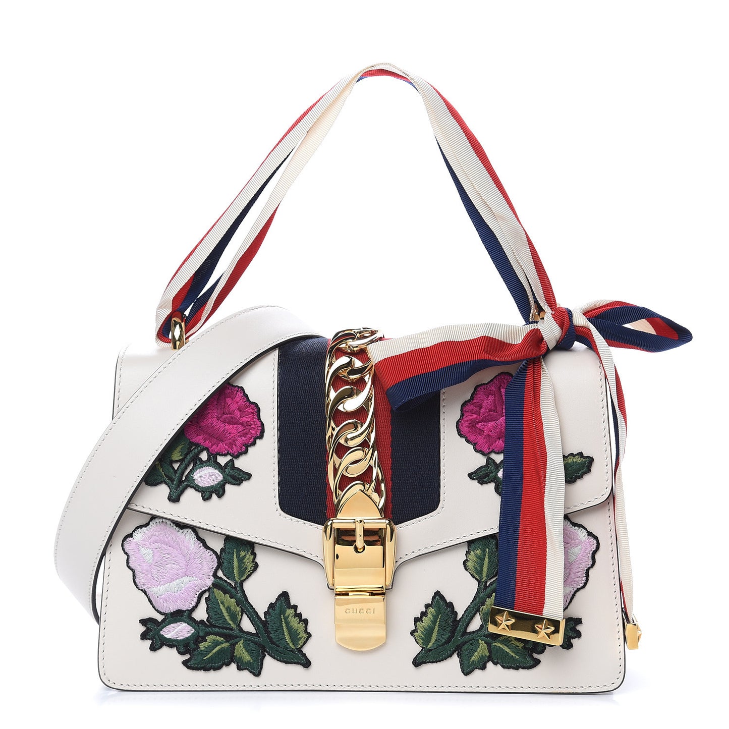 Calfskin Embroidered Small Sylvie Shoulder Bag White