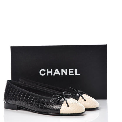 Chanel Crocodile Patent CC Cap Toe Ballerina Flats 38 Black 8 of 8