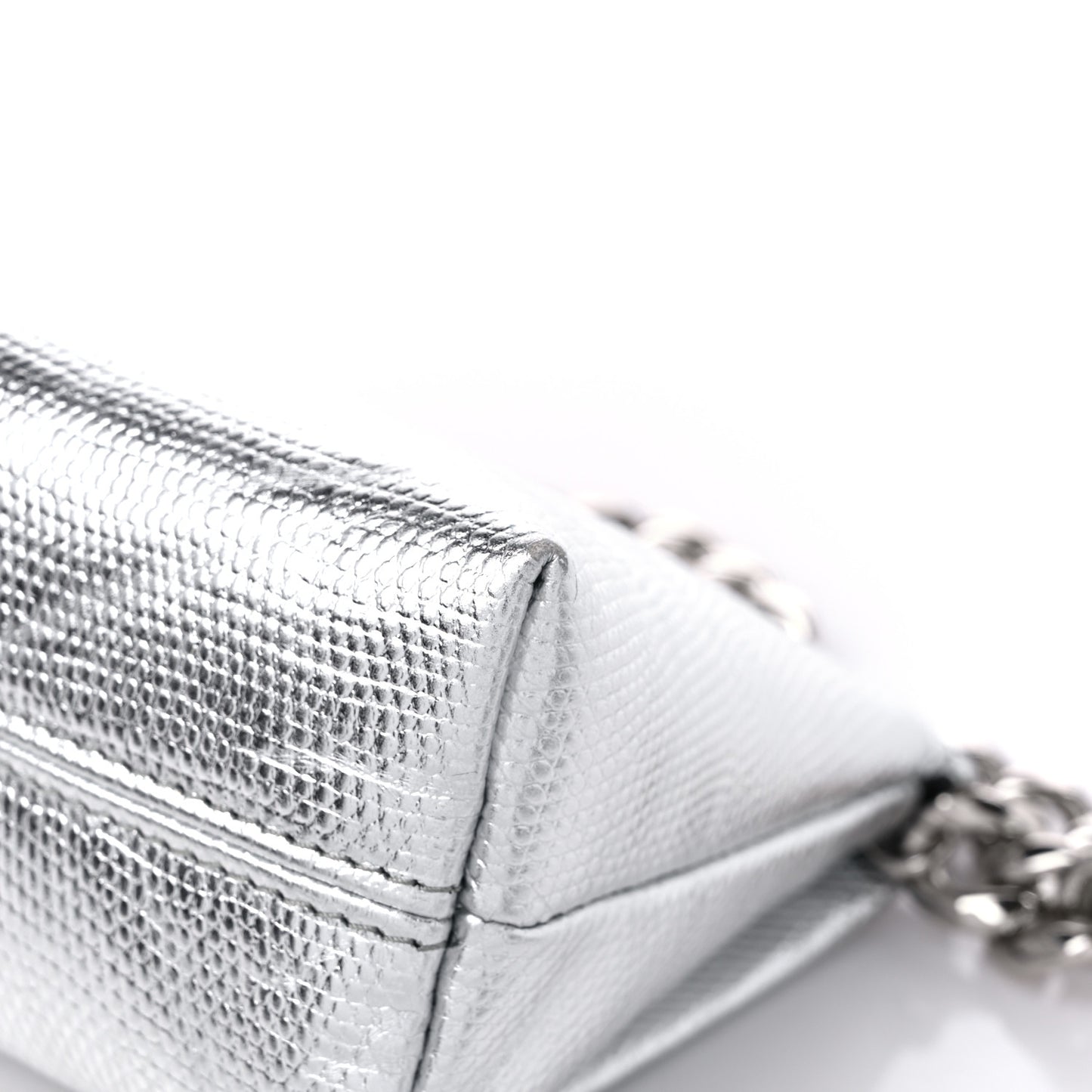Metallic Lizard Embossed Mini Label Shoulder Bag Silver
