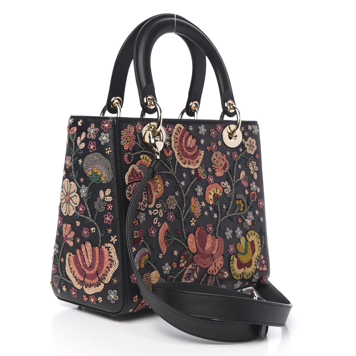 Christian Dior Smooth Calfskin Embroidered Beaded Floral Medium Lady Dior Black Multicolor 3 of 12