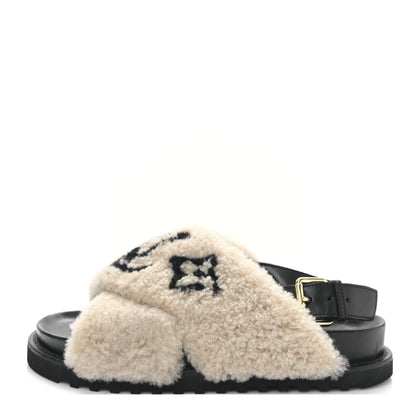 Louis Vuitton Shearling Calfskin Paseo Flat Comfort Sandal 37.5 Beige 1 of 7