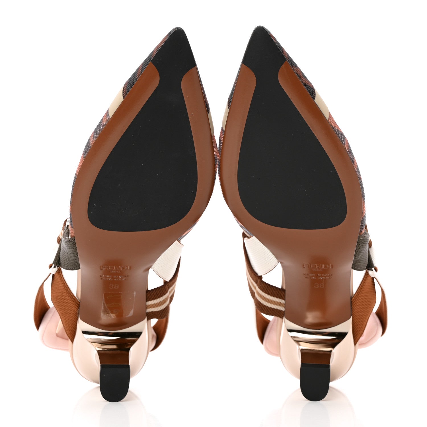 Fendi Technical Mesh FF Colibri 55mm Slingback Pumps 38 Tobacco Moro Camelia 5 of 10