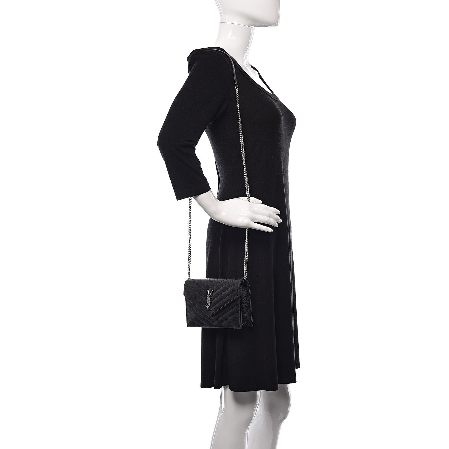 Saint Laurent Grain De Poudre Matelasse Chevron Monogram Envelope Chain Wallet Black 2 of 9