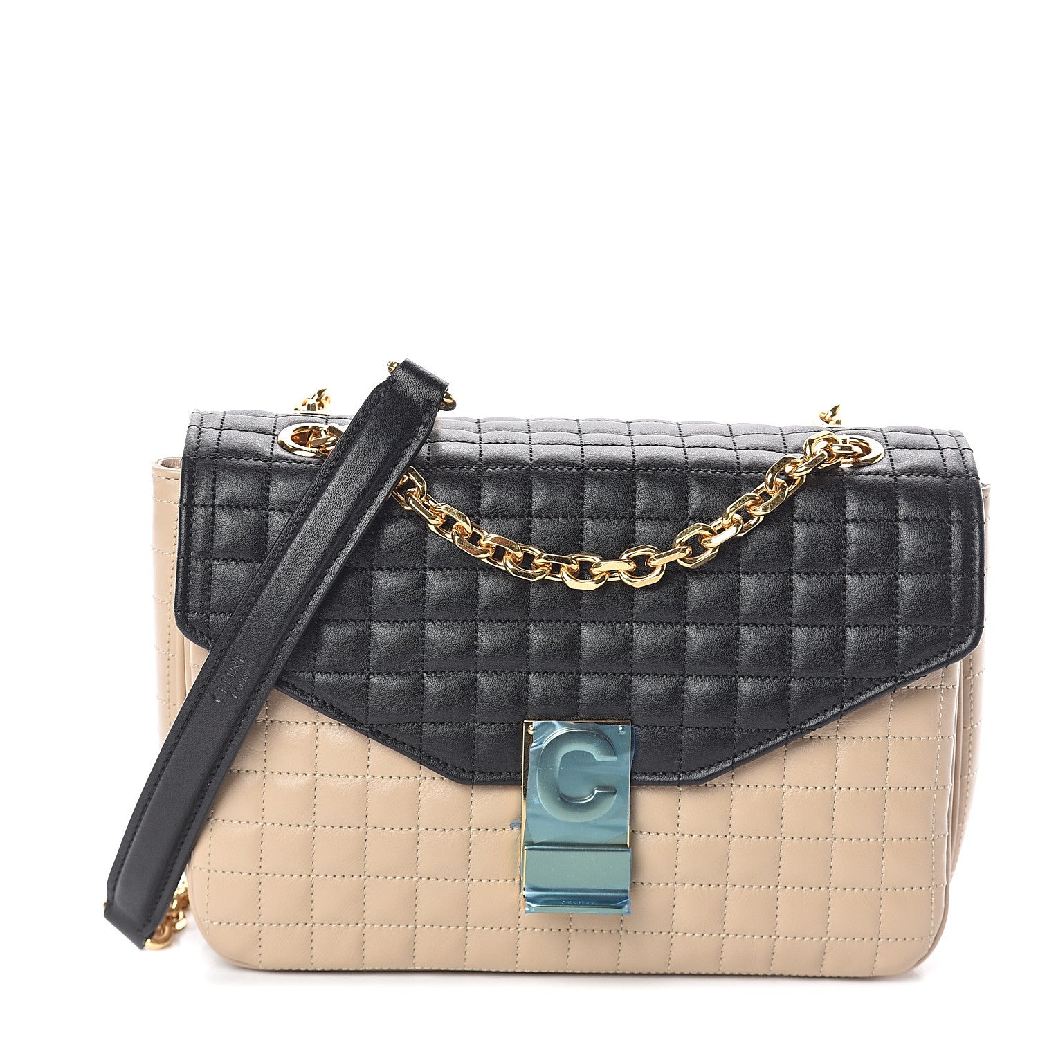 Celine Calfskin Quilted Medium C Bag Black Beige 1 of 8