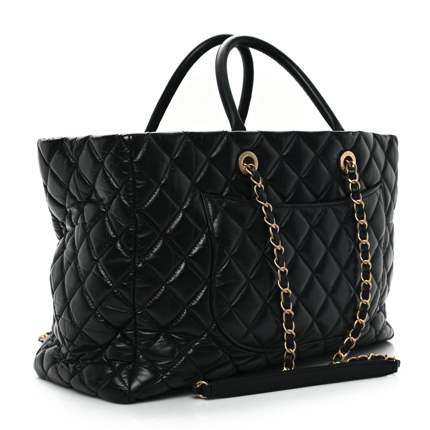 Aged Calfskin Quilted Large Coco Handle Shopping Tote Black
