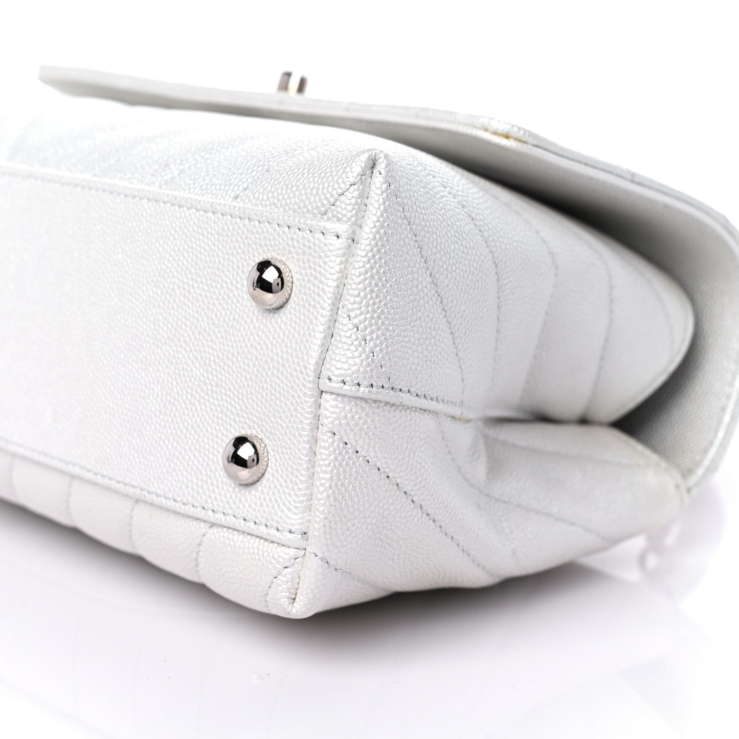 Iridescent Caviar Chevron Quilted Mini Coco Handle Flap White