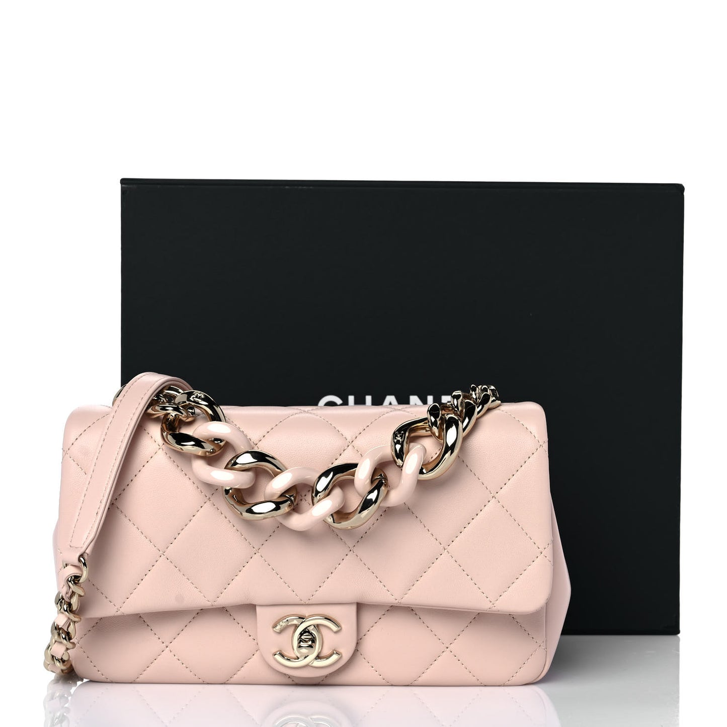 Lambskin Quilted Resin Bi-Color Chain Flap Bag Light Beige